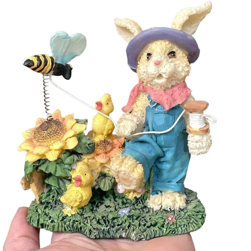 Resin Bunny Rabbit Pair with Bumblebee & Butterfly on Spring Vintage Decor